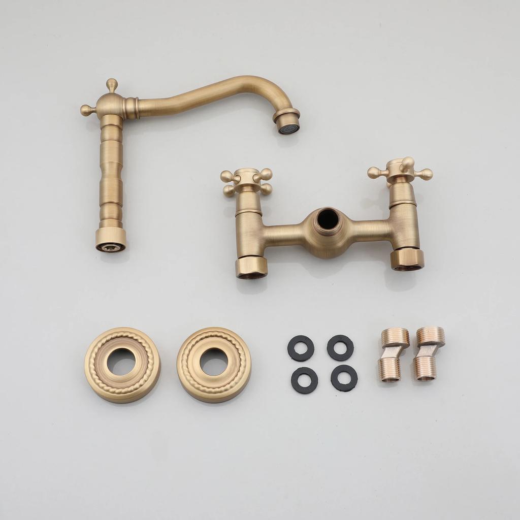 KEMAIDI Antique Brass Bathroom Basin Sink Faucet Tap Dual Handles Wall Mounted Hot Cold Water Mixer Tap 360 Swivel Spout Faucets