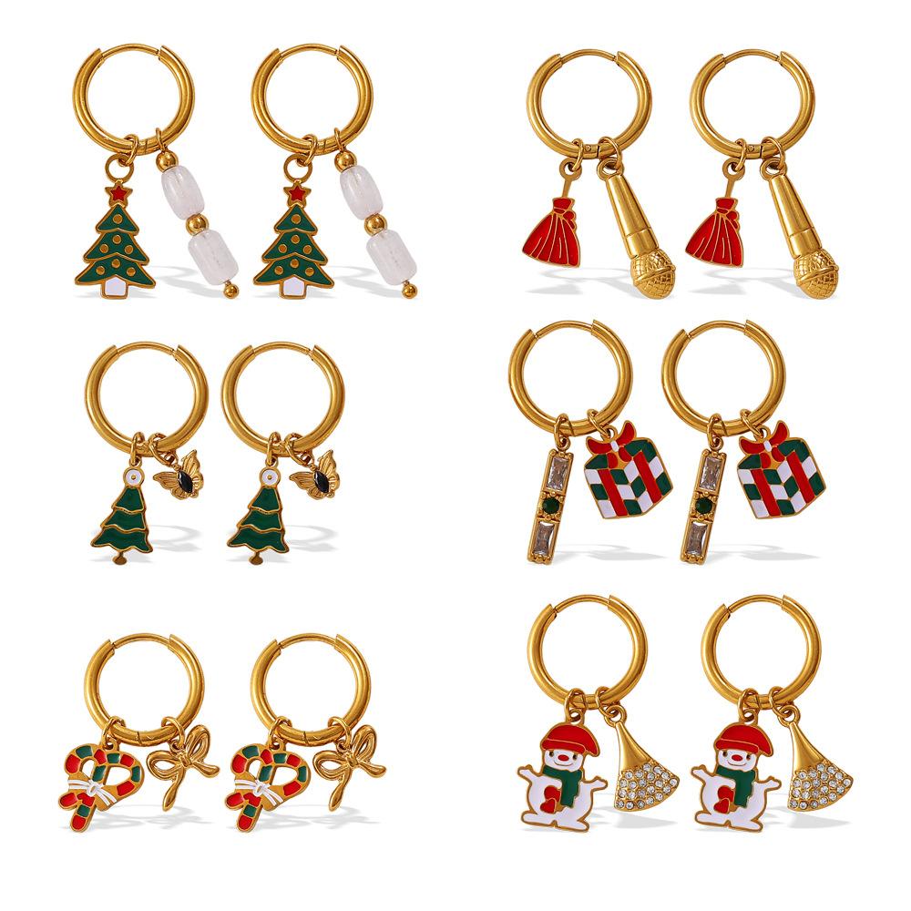 Cartoon Creative Christmas Series DIY Christmas Tree Pendant Earrings Stainless Steel Gold Plated Fashion Earrings