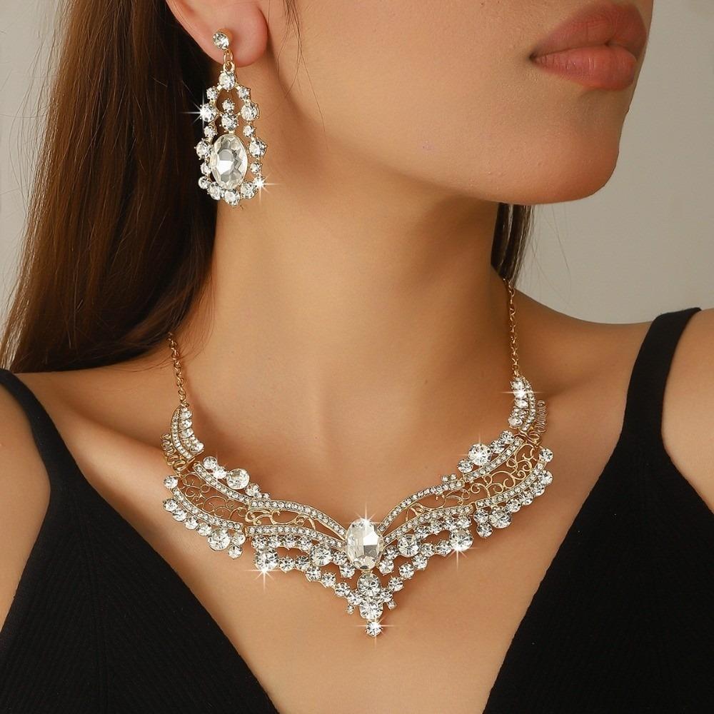 Fashion Necklace Earring Set Inlay Rhinestone Clavicle Chain Elegant Jewelry Set  Party
