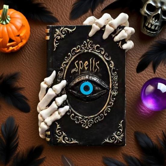 Halloween Resin Book Sculpture Ghost Hunter Hand Statue Decorative Figurine Spooky Devil Eye Collectible Tabletop Ornament