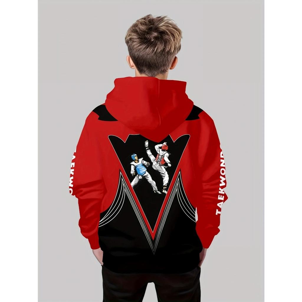 Boys' 3D printed martial arts pattern hoodie - vibrant red and black contrasting casual pullover sweatshirt