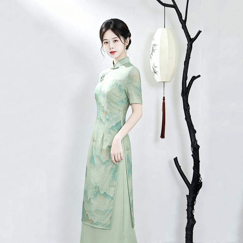 Green Odai national style new Chinese cheongsam improved young women's high-end retro short-sleeved dress spring and summer