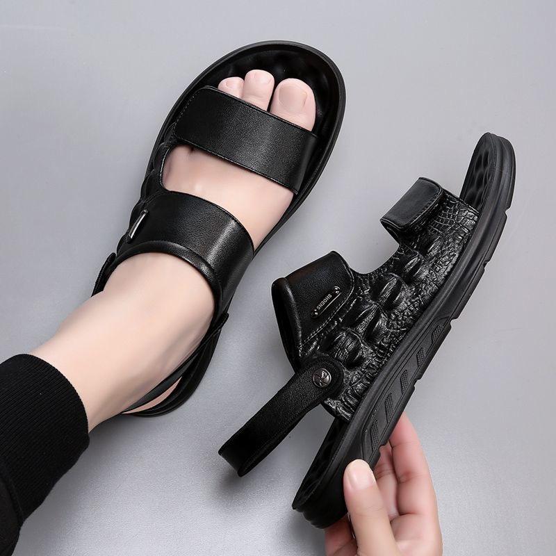 2024 Summer Genuine Leather Shoes Men Sandals Flat Non-slip Soft Holiday Mens Sandals Thick Sole Male Footwear Pure Black D074