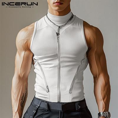 Letní pánské rolákové bez rukávů na zip žebrované tílka slim racerback trička