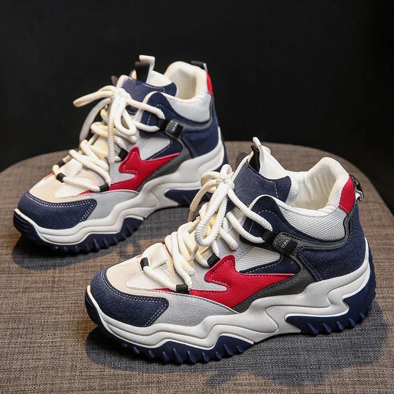 

Женская обувь с высоким верхом на толстой подошве, осень 2024 г., новые цветные туфли для папы, легкие повседневные спортивные туфли из вулканизированной кожи 40 красный