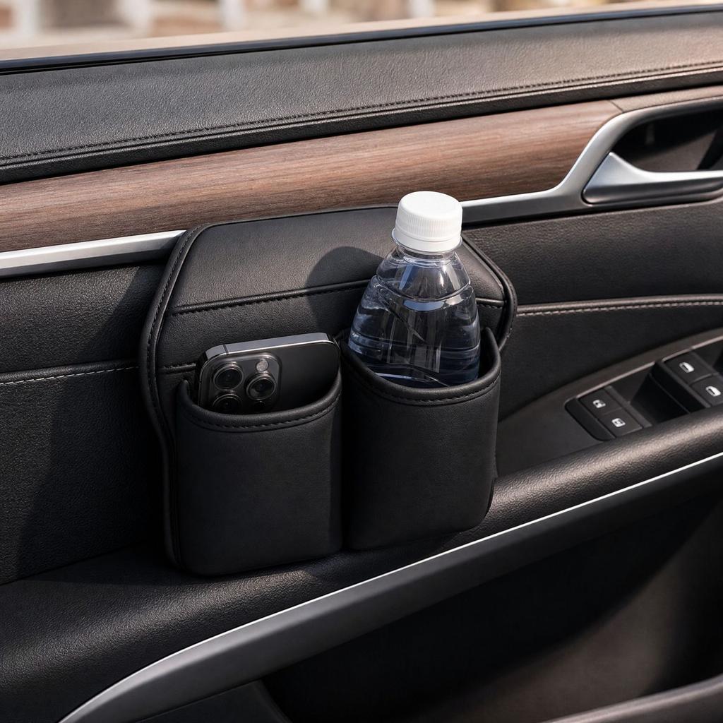 Car Door Storage Box with Cup Holder and Phone Pocket, Multifunctional Vehicle for Beverages and Small Accessories