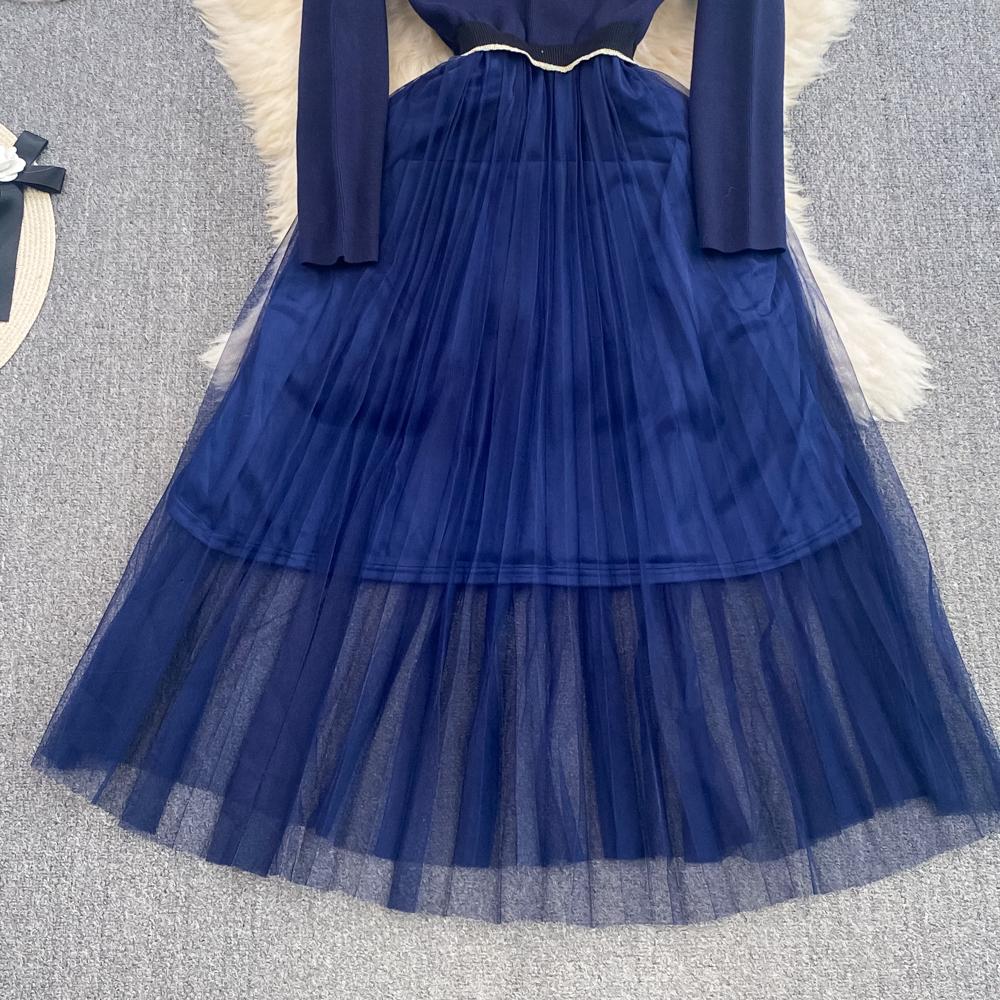 Høst Vinterklær Temperament Langermet Broderi Blomsterstrikket Mellomlang Kjole Uformell Spleising Mesh One Piece Dress
