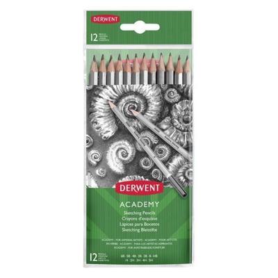 Set of 12 Graphite Pencils - Derwent - Academy Sketching - 5H To 6B - Mixed - Black