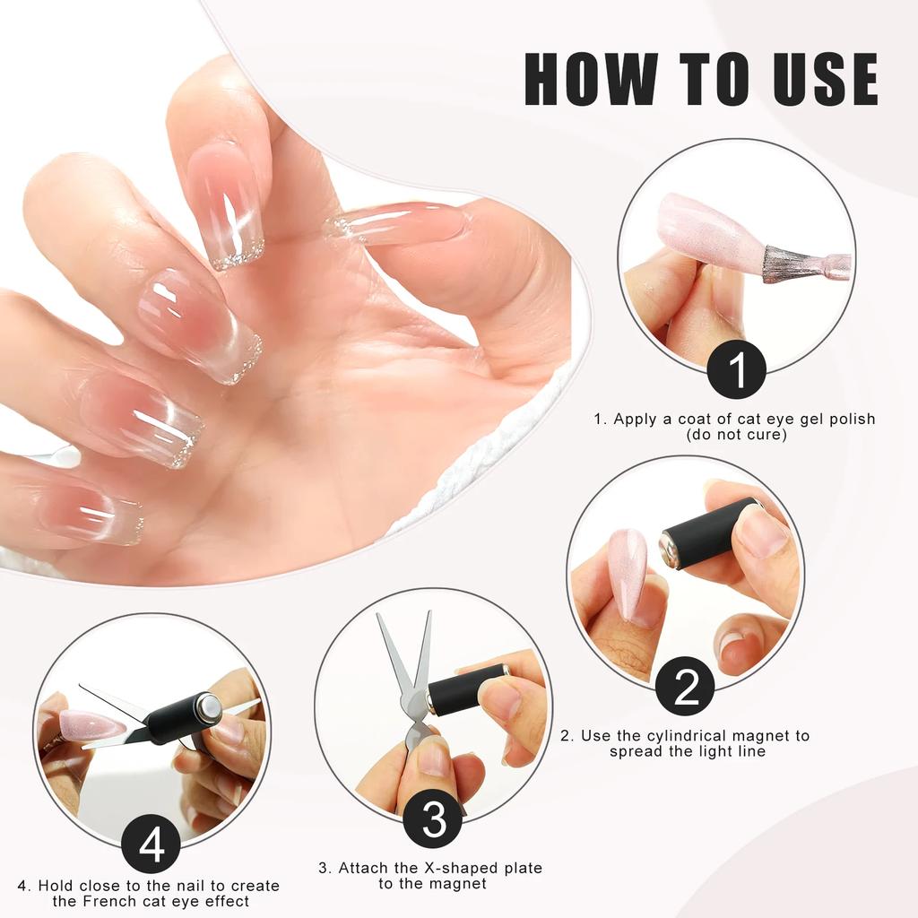 Double-head French Nail Art Magnet Set 3D Strong Cat Eye Magnet Nail Art Gel Polish DIY V-Shaped Effect Manicure Magnetic Tool