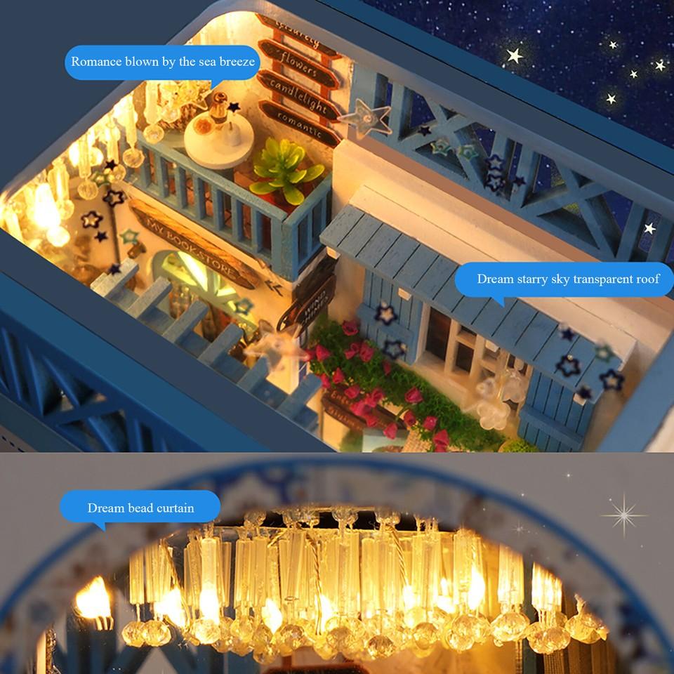 DIY Book Nook Kit 3D Wooden Puzzle Bookshelf Decor Miniature House with LED Light