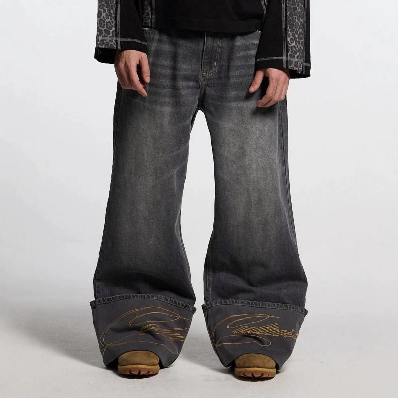 Womens Embroidered Letter Jeans Washed Distressed Cat Whisker Wide Leg Low Rise Flare
