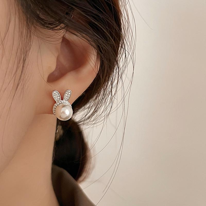 Women's Pearl Rabbit Earrings with Diamonds and Ladies