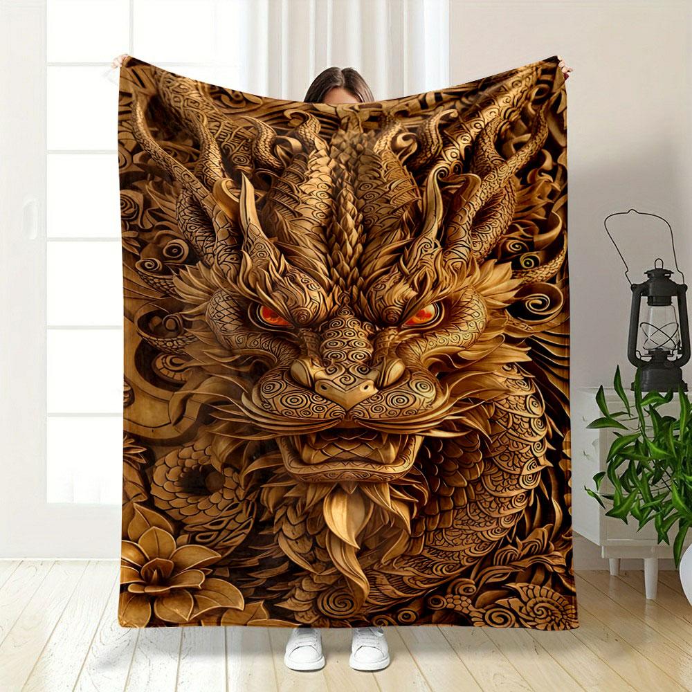 Intricate golden dragon with swirling patterns and glowing eyes. for all seasons blanket lunch break throw gift