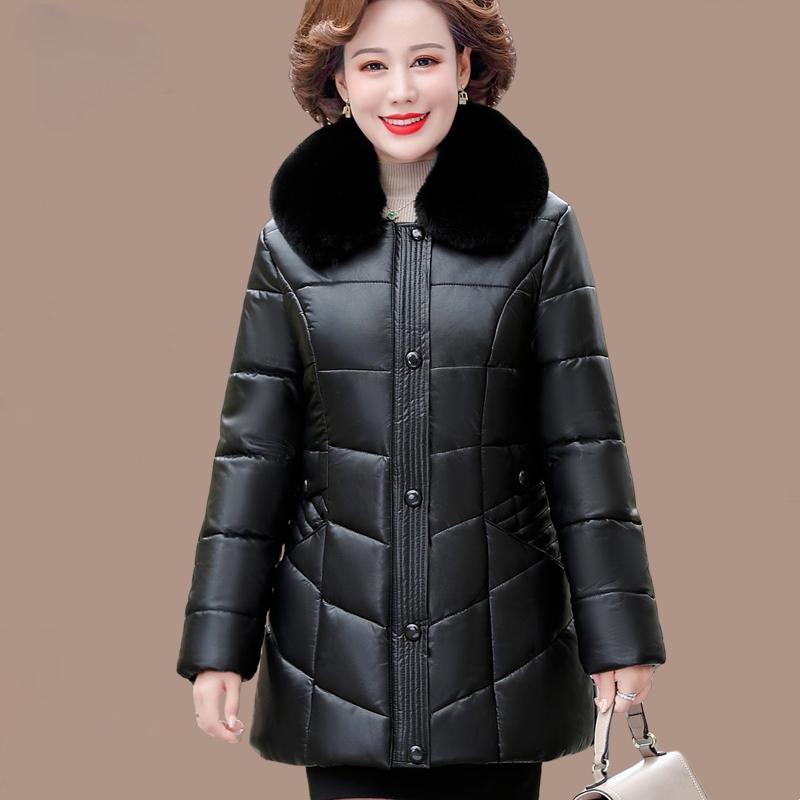 Women's PU Leather Cotton Jacket Thick Warm Windproof Leather Jacket Loose Padded Jacket with Fur Collar