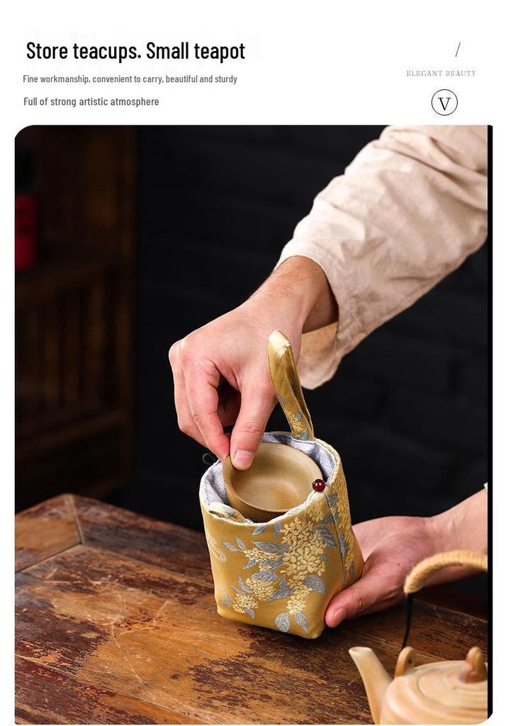 Chinese Brocade Tea Cup & Jewelry Storage Bag - Portable Thickened Pouch for Host Use & Buddhist Beads