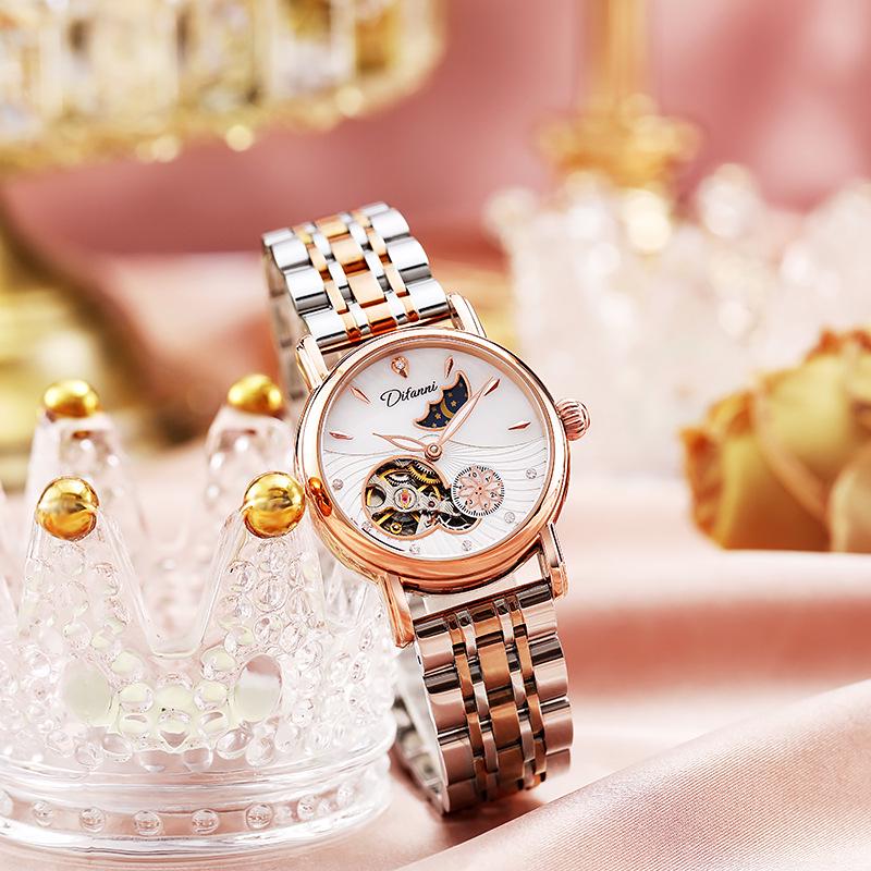 Genuine Automatic Mechanical Waterproof Watch for Women - Trendy Multi-Functional with Day, Date, Month, Year, and Starry Design.