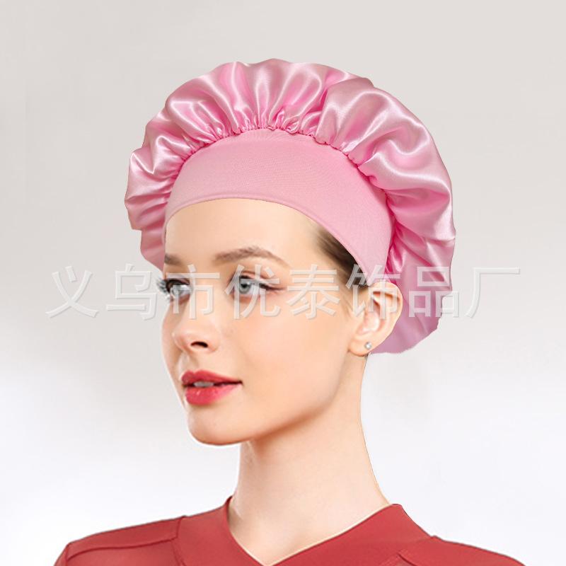 Solid color wide edge high elastic adult nightcap men's and women's fashion hair care beauty shower cap satin