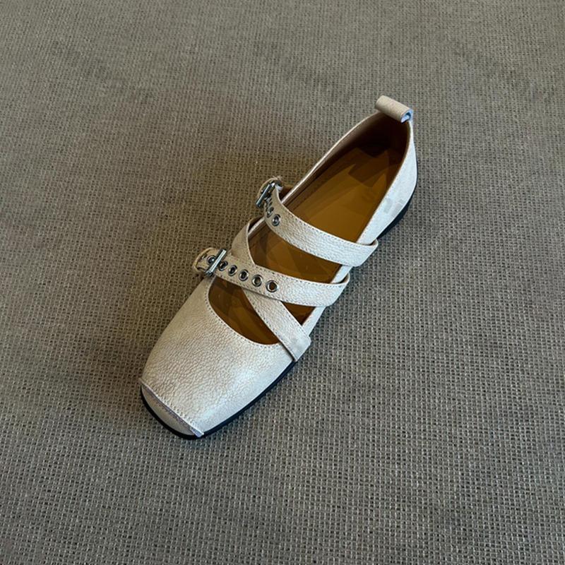Women's Retro Genuine Leather Shoes 2025 New Shallow Ballet Shoes Women's Cross Button Square Head Flat Mary Jane Shoes