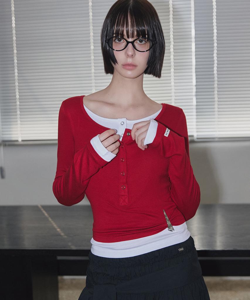 Lense Henley Neck Layered T-Shirt Red