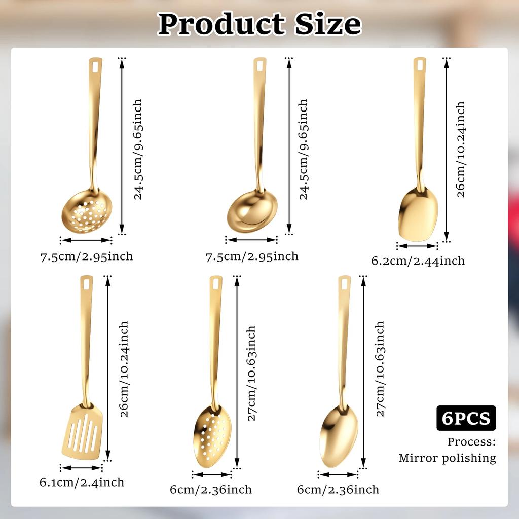 6-teiliges Edelstahl-Küchengeschirr-Set, Home Creative Koreanischer goldener Suppenlöffel, Schaumlöffel, Hot-Pot-Löffel, Küchenkoch-Bratwerkzeuge