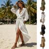 Maxi Abito Camicia da Donna, Scollo a V Manica Lunga Ruffle Legaccio in Vita Boho Abito Lungo, Spacco Alto Linea ad A Ampio Svasato Fluido con Tasche