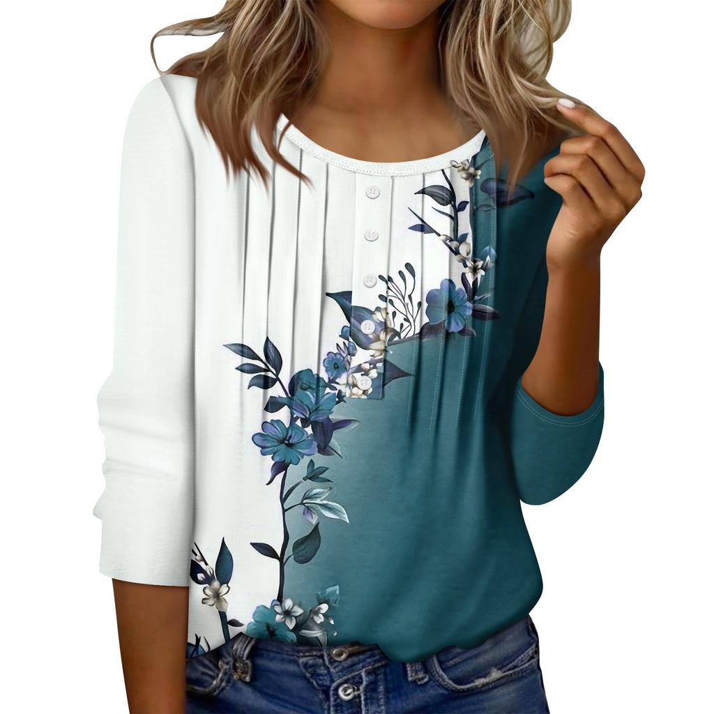 Women's Round Neck Pull Stripe Decorative Button Top Casual Solid Color 3/4 Sleeve T Shirt