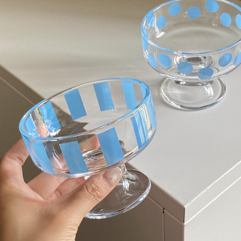 Ins Simple Blue Striped Polka Dot Tall Dessert Ice Cream Cup, Small Fresh Glass, Yogurt Pudding Cup