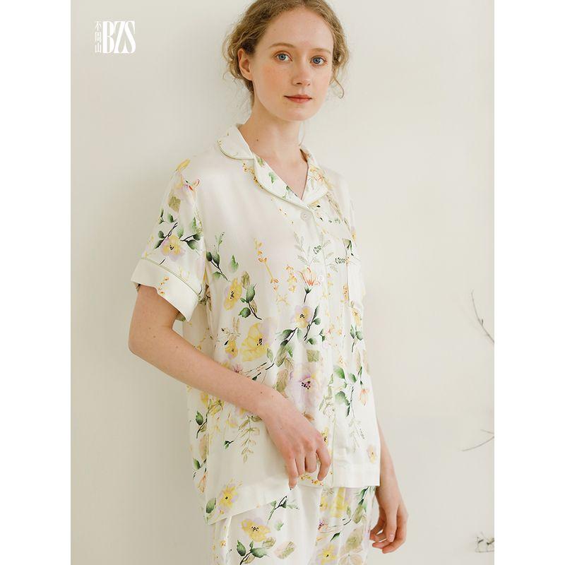 2024 Summer Original Niche Style Satin Lapel Rose Short Sleeve Pants Pastoral Style Fresh Pajamas for Women