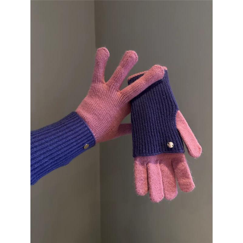 Maillard Winter Dual Use Color Blocked Knitted Wool Gloves for Women's Wool Fingerless Touch Screen Warm Cycling Students