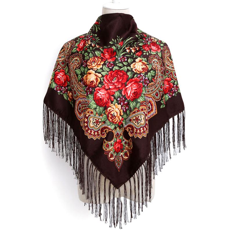 

Женский теплый плащ с бахромой, пончо, квадратный шарф, платок с кисточками, повязка на голову с цветочным принтом коричневый