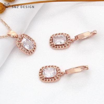 Fashion Cute Rose Gold Color Rectangle Cubic Zirconia Drop Earrings Jewelry Sets For Women Party Pendant Necklace