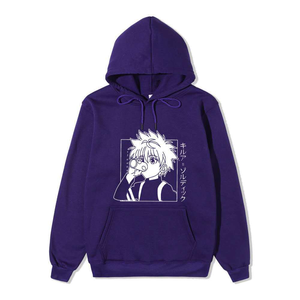 Hunter X Hunter Killua Drink Line Art Hoodie Japanese Text Black Anime Casual Hooded Pullover Sweatshirt