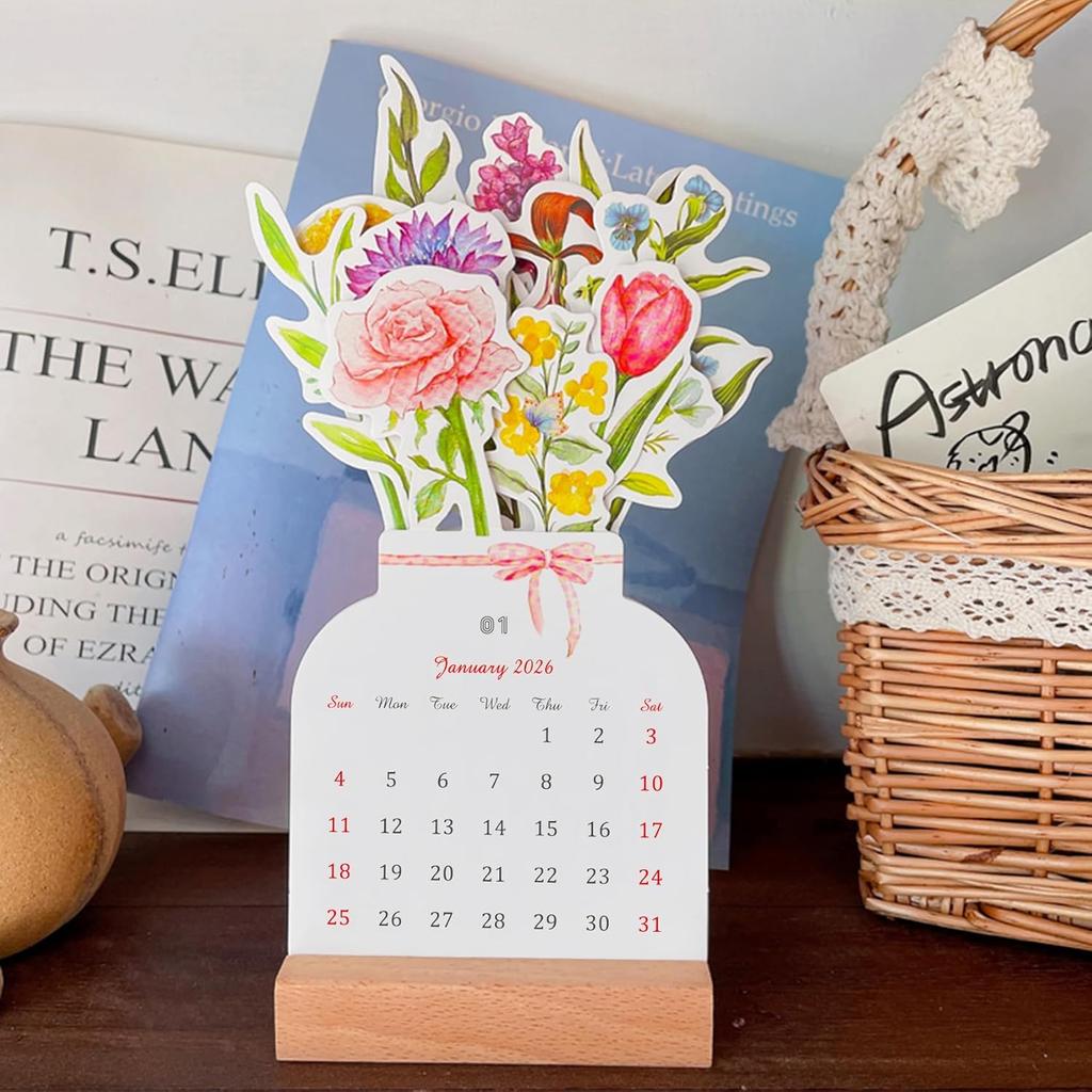 2026 Creative Flower Desk Calendar, Vase Shaped New Year Monthly Calendar Planner 3.9" x 9.4"