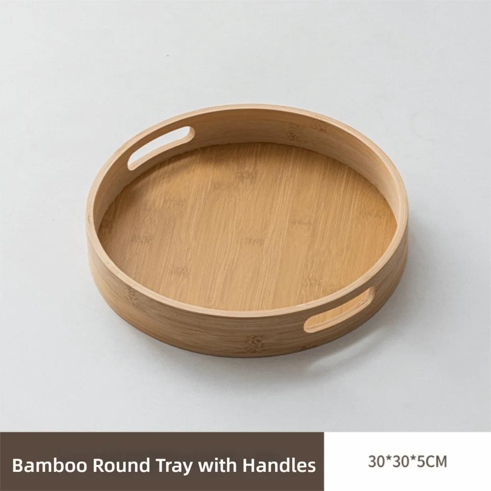 New Round Wood Tray Wooden 25/30/35/40CM Tea Food Tray With Handle Dessert Pallet Coffee Home Table