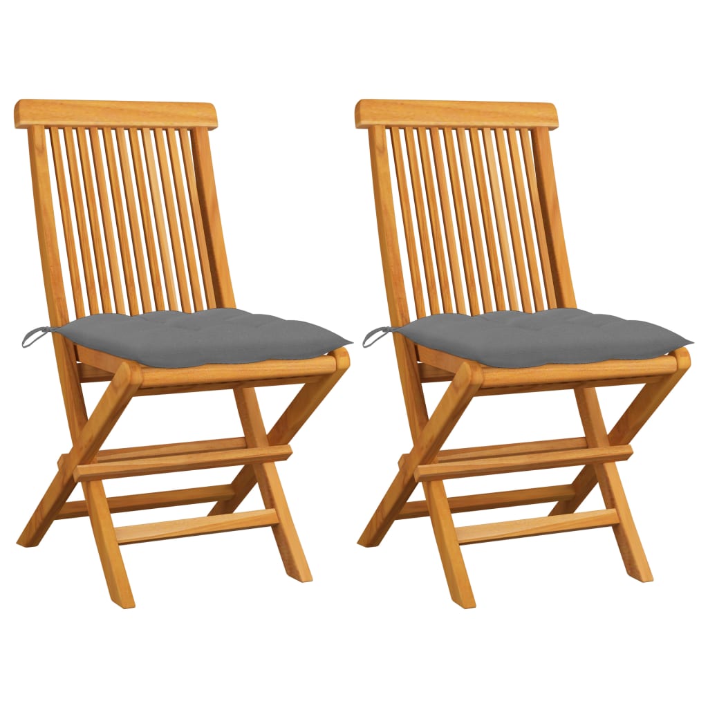vidaXL Klappstühle mit grauen Kissen, 2 Stück, Massivholz Teakholz