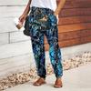 Women Flower Printing Pants Lace Up Elastic Waist Loose  Trousers Casual Long Pants Trousers with Pockets