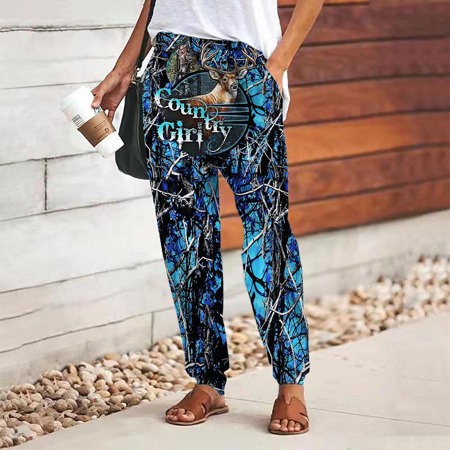 Women Flower Printing Pants Lace Up Elastic Waist Loose  Trousers Casual Long Pants Trousers with Pockets