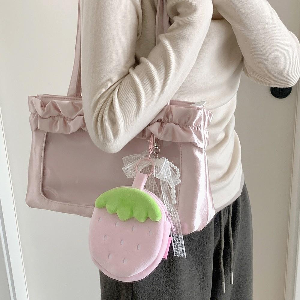 Zipper Design Plush Strawberry Keychain Lipstick Card Bag Earphone Bag Gift Giving