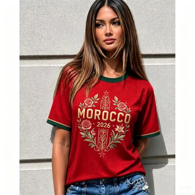 2026 New Morocco Women s Soccer Jersey Black with Traditional Geometric Print & MOROCCOText V-Neck Casual T-Shirt FamilyMatching L