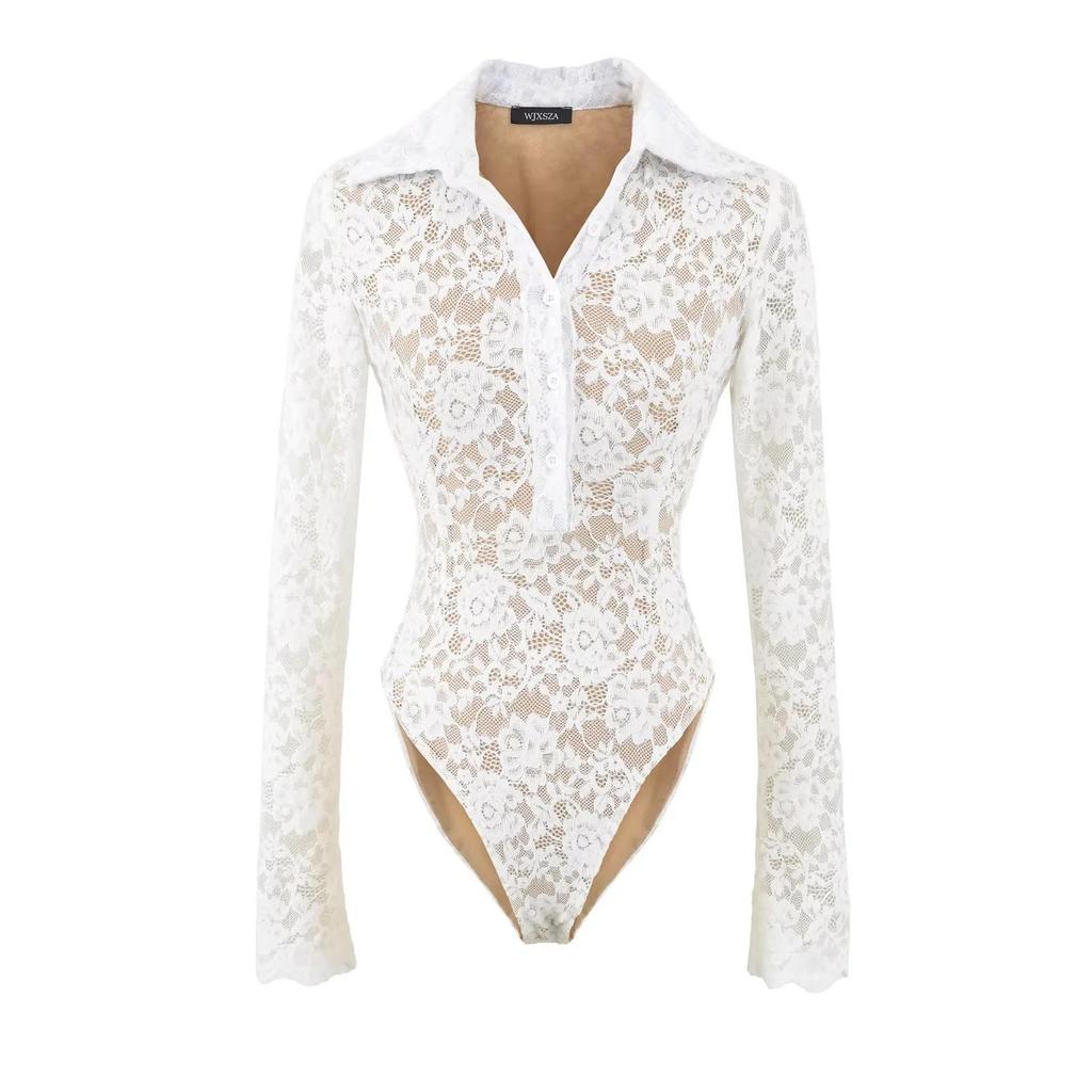 European Fashion Crochet Lace Lapel Bodysuit