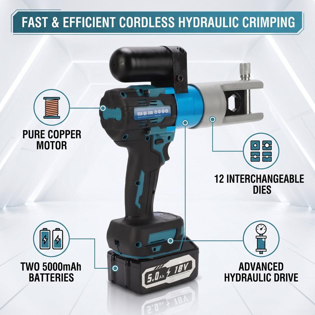 Electric Hydraulic Lug Crimping Tool Battery Powered Portable Wire Crimper and 12 Dies for Copper Aluminum Terminal Blue