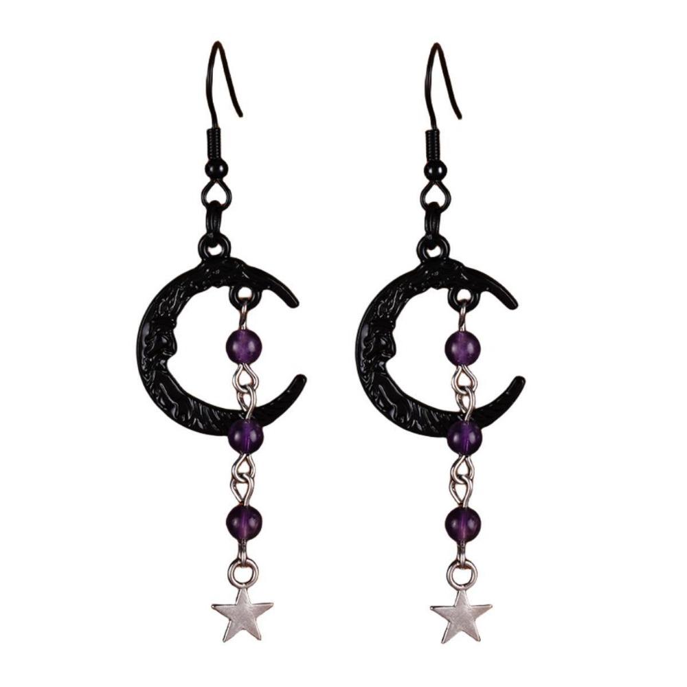 Gothic Retro Black Crescent Purple Crystal Beads Five-pointed Star Tassel Dangle Earrings for Women Hallowmas Party Jewelry Gift