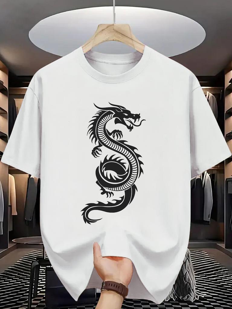 Chinese Dragon Print Unisex Short Sleeve Tshirt Oriental Dragon Silhouette O Neck Tee Myth Creature Male Street Fashion Tops