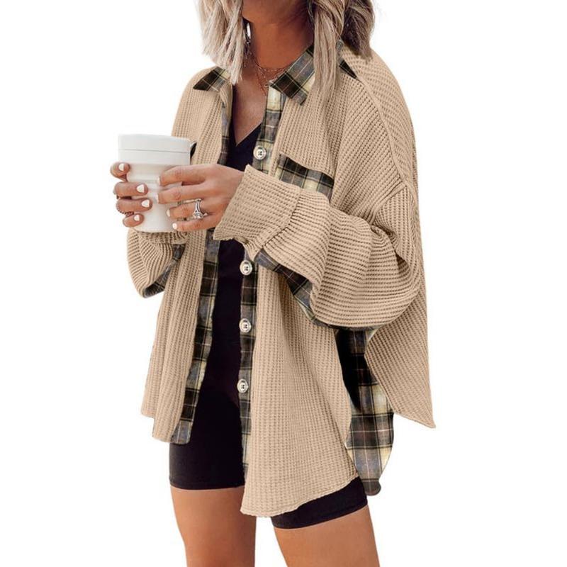 Women Casual Waffle Knit Jacket Loose Plaid Shirt