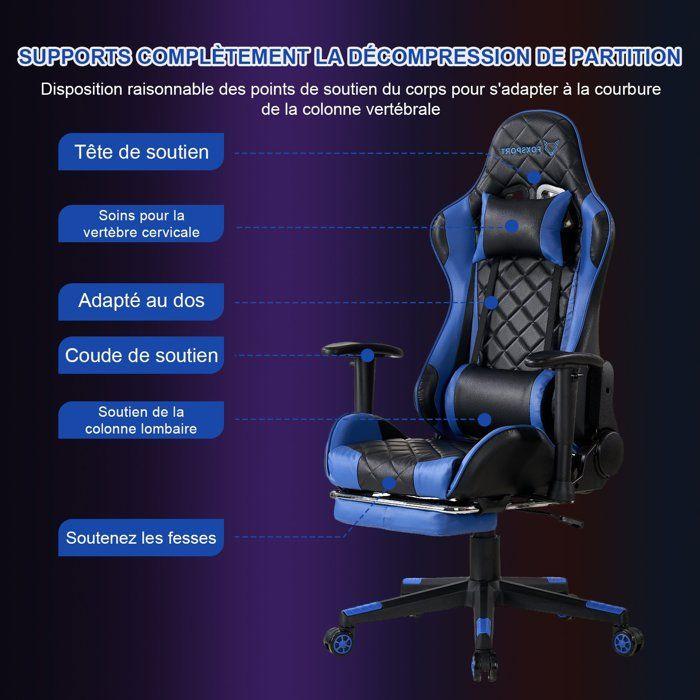FOXSPORT Fauteuil gamer-Ergonomique Avec Support Lombaire, Appui-tête Et Repose-pied, Hauteur Réglable Inclinable 90 °-180 °-Bleu