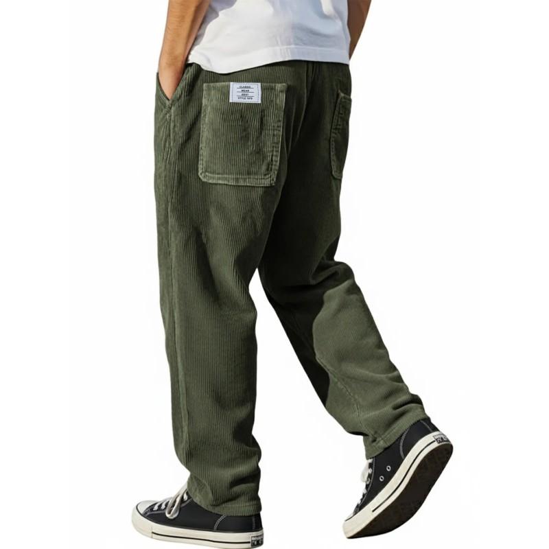 Mens Relaxed Fit Straight Leg Corduroy Pants With Embroidery Detail Casual Trousers 2026