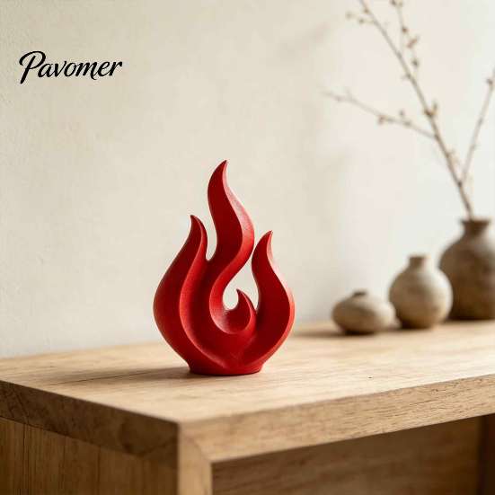 Trendy Collection Display 3D Printed Flame Sculpture, Matte Red Hollow Statue, Unique Desktop Art Minimalist Ornament for Office Home Decor