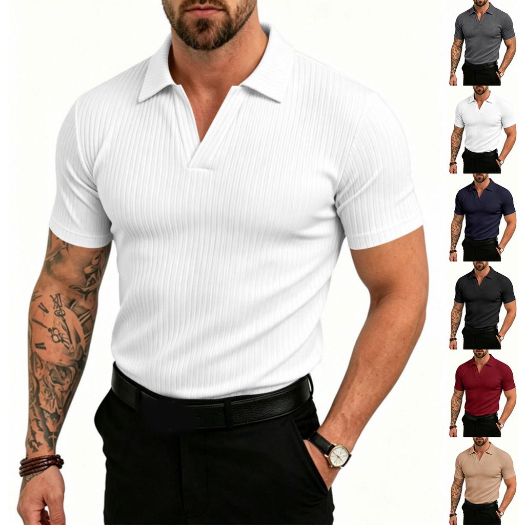 Men's Stretch Breathable Polo Shirt V Neck Ribbed Knit Short Sleeve T Shirt Casual Lightweight Summer Top