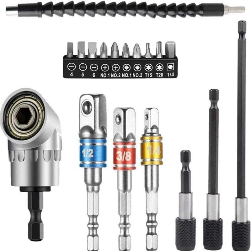 

Flexible Drill Extension Kit Flexible Drill Extender Includes Universal Sleeve in Multiple Sizes 105° Right Angle Drill Extender