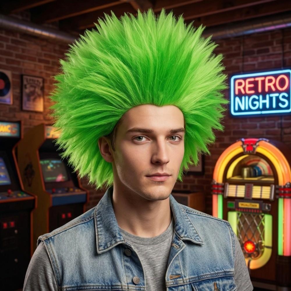 Perruque Homme Verte Courte Droite Synthétique Halloween Cosplay Perruques Tête Explosive Moelleuse Jeu de Rôle